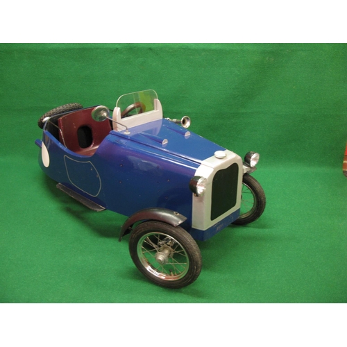 246 - Bespoke wood and metal chain driven three wheeled pedal car with adjustable seat, windscreen, spare ... 