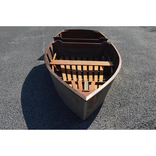 254 - An all wood portable dinghy in two parts, the larger bow section goes on the roof rack, the stern in... 