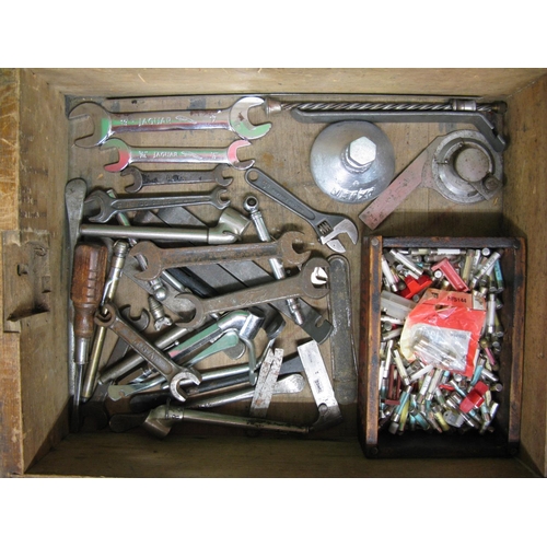 28 - Wooden tray of spanners, tyre pressure gauges, grease guns, fuses, Enots oil can etc