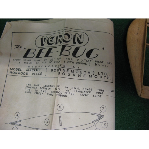 288 - Part built fly-by-wire balsa wood model aircraft with 1949 plans for a Veron Bee-bug stunt plane fro... 