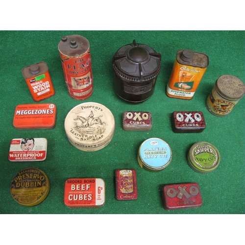 314 - Quantity of household product tins together with a large Flag dry cell battery and Bakelite tea cadd... 