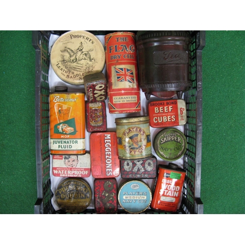 314 - Quantity of household product tins together with a large Flag dry cell battery and Bakelite tea cadd... 