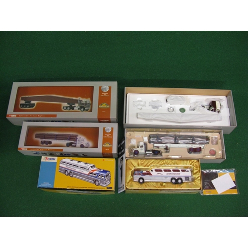 318 - Three 1:50 scale boxed Corgi American models to comprise: Mack logging artic, Greyhound scenic cruis... 