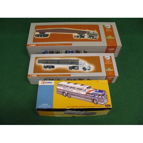 318 - Three 1:50 scale boxed Corgi American models to comprise: Mack logging artic, Greyhound scenic cruis... 