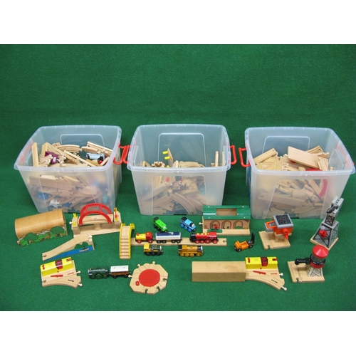 321 - Three large lidded storage boxes of Brio and Thomas The Tank Engine wood and plastic railway with ac... 