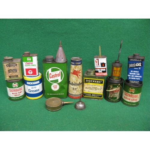 33 - Quantity of oil and grease cans etc to include: unopened Mobilube EP, Castrolease etc