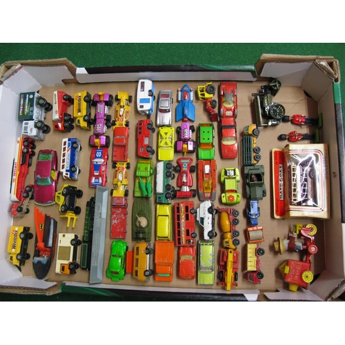 355 - Two boxes of approx seventy five playworn model vehicles and planes from Corgi, Matchbox, Dinky, Mir... 