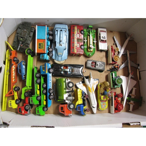 355 - Two boxes of approx seventy five playworn model vehicles and planes from Corgi, Matchbox, Dinky, Mir... 