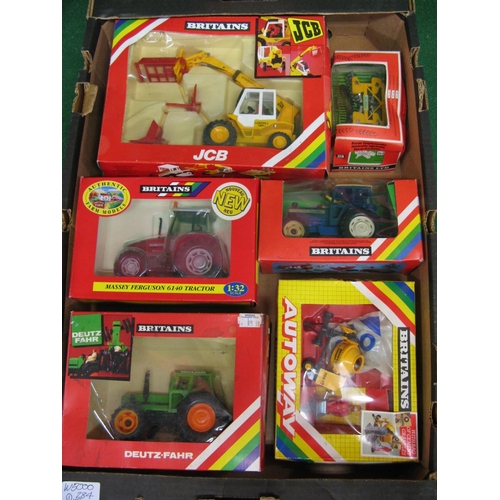 362 - Six boxed Britains items to comprise: JCB, Loadall 520, Autoway cement mixer, MF6140 and disc harrow... 