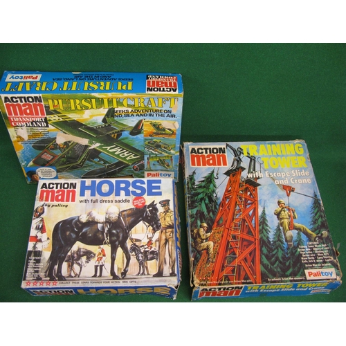 367 - Three Palitoy Action Man boxed accessories to comprise: Training Tower, Horse and Persuit Craft, all... 