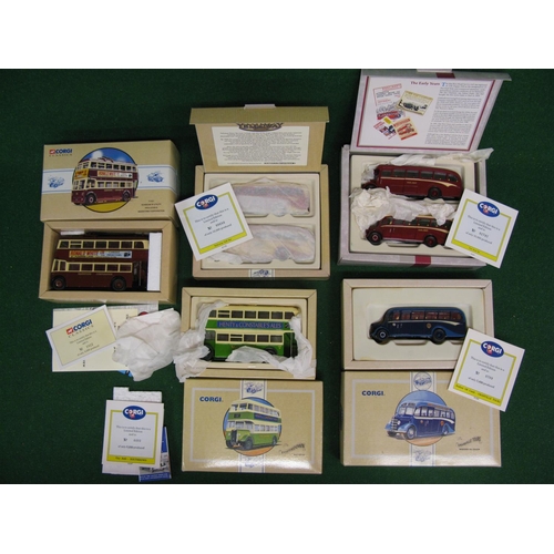 398 - Five boxed Corgi 1:50 scale buses to include: two twin sets for Maidstone Corp, Southdown, Yelloway,... 