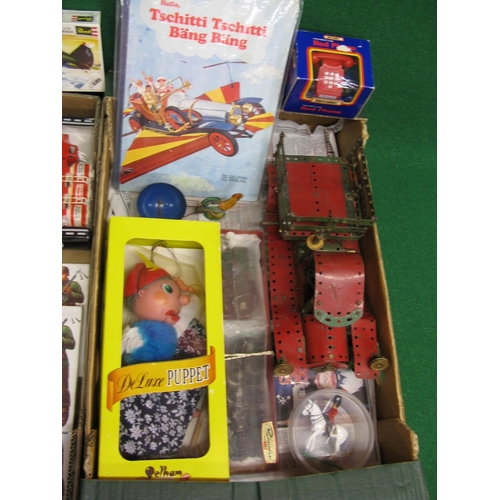 404 - Two boxes of miscellaneous toys to include: Rivarossi locomotive, Pelham puppet of Old Lady, Meccano... 