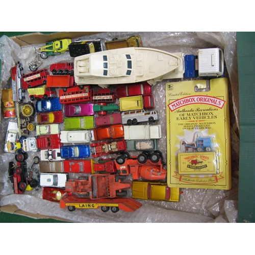 414 - Box of playworn Matchbox, Hot Wheels, Majorette and Lone-Star diecast vehicles together with three b... 