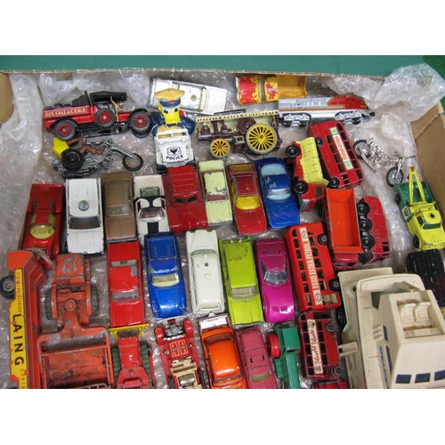 414 - Box of playworn Matchbox, Hot Wheels, Majorette and Lone-Star diecast vehicles together with three b... 