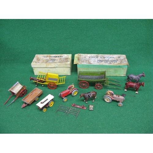 417 - Loft find W Britain boxes 4F and 5F containing Tumbrell cart and horse, four wheel farm wagon, three... 