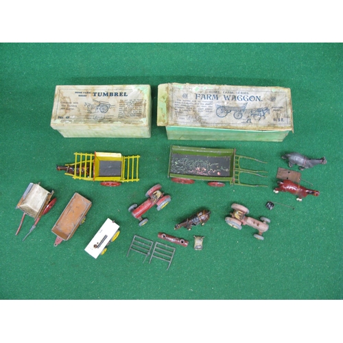 417 - Loft find W Britain boxes 4F and 5F containing Tumbrell cart and horse, four wheel farm wagon, three... 