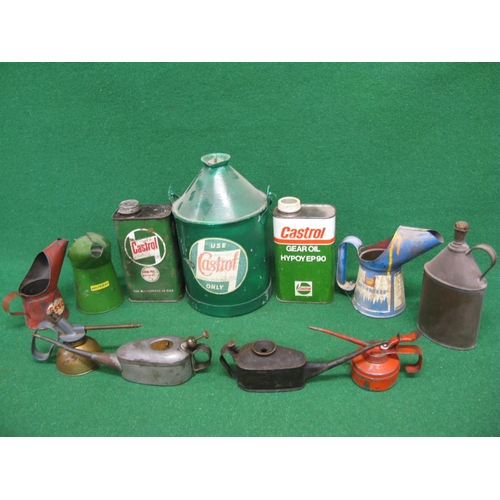 42 - Eleven assorted oil containers, cans and pourers for: Castrol, Esso, Shell and Halfords etc