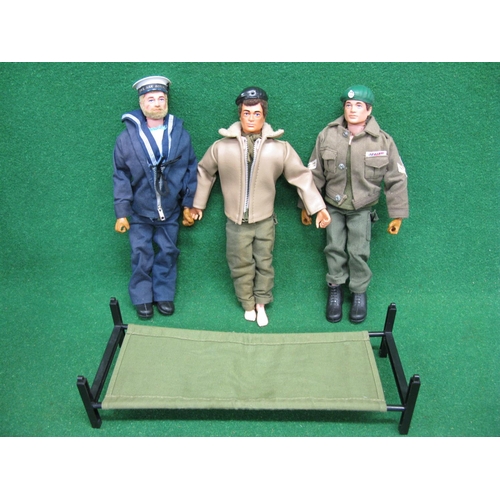 423 - Three clothed Action Man figures, two are Palitoy-Made in England the other has grippy hands and swi... 