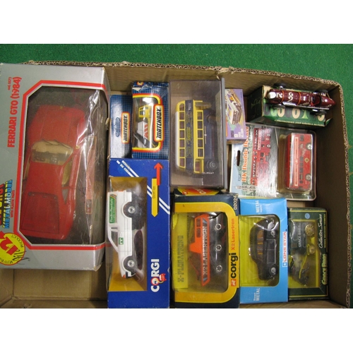 425 - Box of boxed model vehicles from Corgi, Matchbox, Rio, Burago etc including a 1979 Corgi and two Las... 