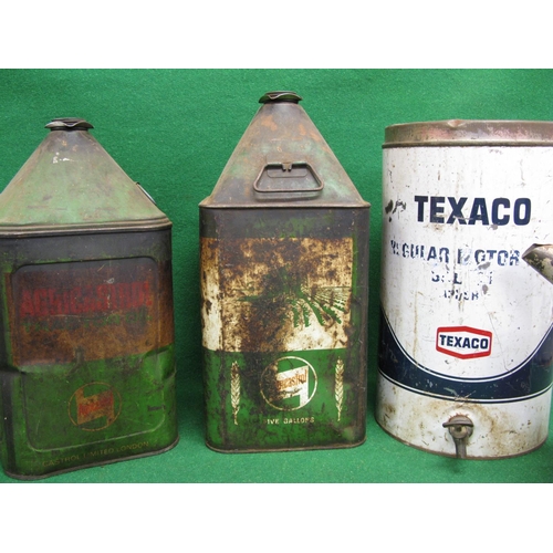 44 - Two five gallon Castrol pyramid cans with caps, a twenty five litre Texaco Motor Oil drum with tap (... 