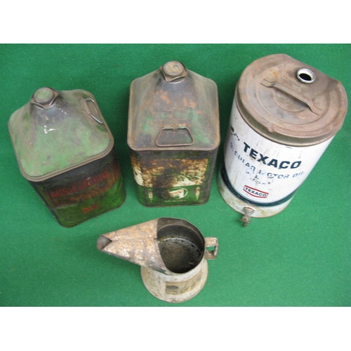 44 - Two five gallon Castrol pyramid cans with caps, a twenty five litre Texaco Motor Oil drum with tap (... 