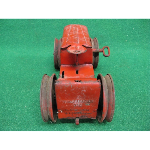 448 - Clockwork tinplate Triang Tractor No. 2 in red, playworn but working