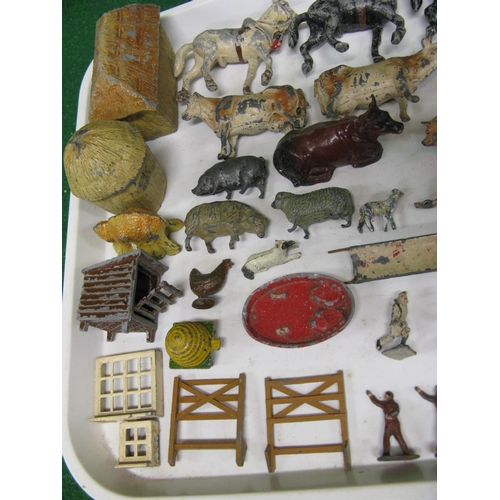 457 - Tray of cast metal farm animals, accessories including beehive and window frames together with a qua... 