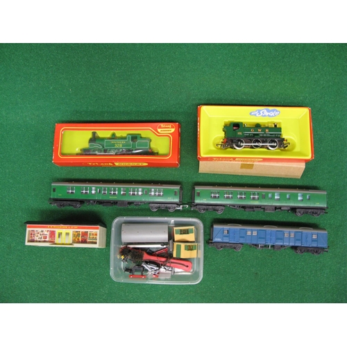 461 - Triang/Hornby 0-6-0 Pannier tank and M7 0-4-4T both in green and boxed, two Southern coaches and a b... 