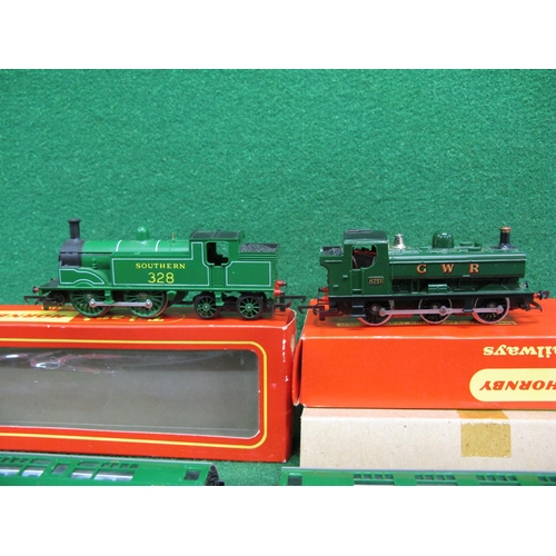 461 - Triang/Hornby 0-6-0 Pannier tank and M7 0-4-4T both in green and boxed, two Southern coaches and a b... 