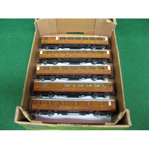 464 - Five loose Hornby OO scale Gresley teak coaches to include: Buffet car, Sleeping car, 1st Class corr... 