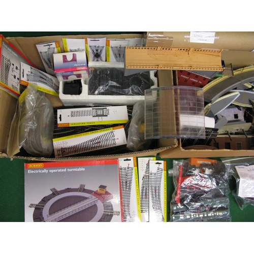 477 - Two large boxes of Hornby OO plastic stations, buildings and accessories, loose rolling stock parts,... 