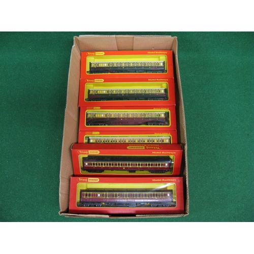 506 - Seven boxed Triang/Hornby bogie coaches to include: two R747 and an AR748 in lined LMS livery and th... 