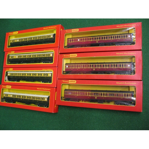 506 - Seven boxed Triang/Hornby bogie coaches to include: two R747 and an AR748 in lined LMS livery and th... 