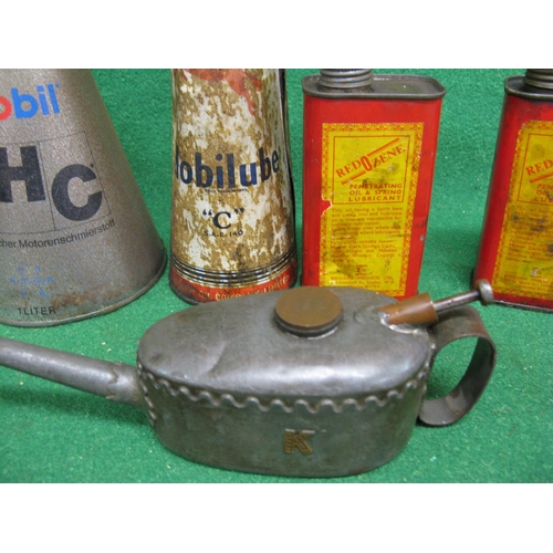 52 - Assorted oil and grease cans to include an unopened Mobilube C SAE, 140 Gear Box Oil etc