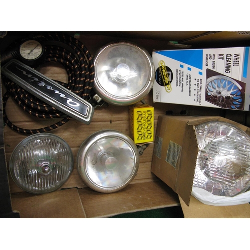 7 - Boxed Lucas period long range chromed driving lamp, wheel cleaning kit and headlamp together with lo... 