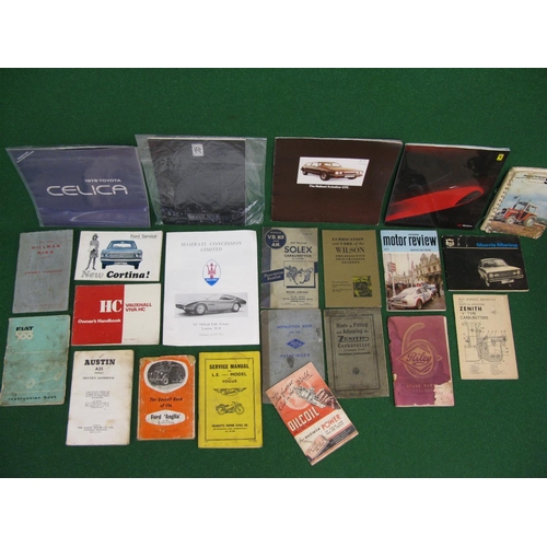 86 - Mixed lot of car brochures and hand books, carburetor booklets etc for RR, Fiat 500, Riley Pathfinde... 