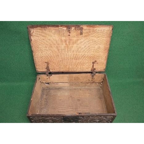 113 - Period oak bible box having wrought iron hinges the top lifting to reveal storage space and having c... 