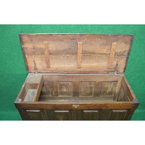 118 - 19th century oak mule chest the top lifting to reveal left hand candle box with drawer and storage s... 