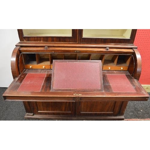 123 - 19th century mahogany cylinder topped bureau bookcase the top section having moulded cornice over tw... 