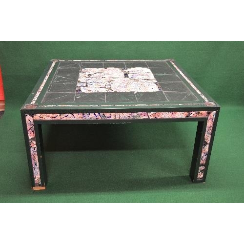 143 - Irish Tileworks coffee table having central decoration of pottery tiles with a green painted frame a... 