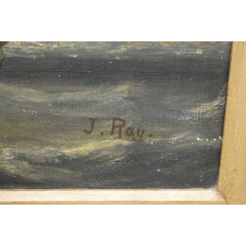 154 - J Ray, circa 1900, oil on canvas of ships in rough seas, signed bottom right in unglazed gilt frame ... 