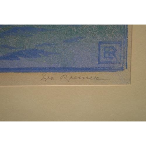 158 - Eva R (?) monogrammed ER coloured original print of seagulls in flight over the sea with mountains b... 