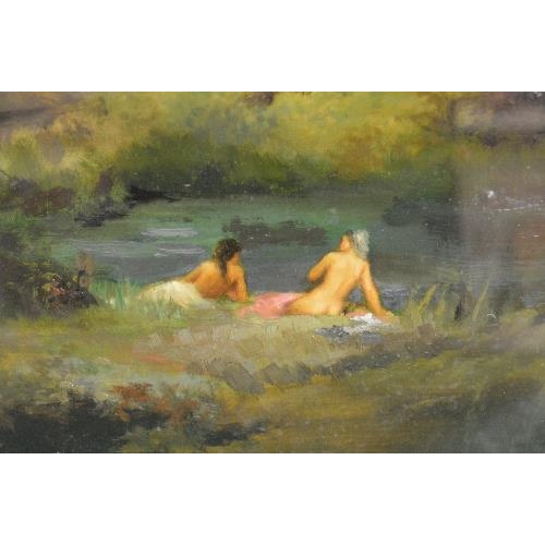 160 - Narcisse Virgile Diaz De La Pena, French 1807-1876, oil on canvas of two nude ladies in a recumbent ... 