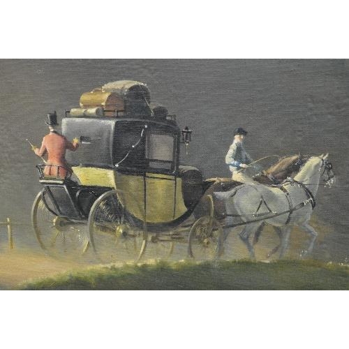 169 - Leigh Pemberton, oil on board of horse and carriage leaving a manor and heading towards mountains, s... 