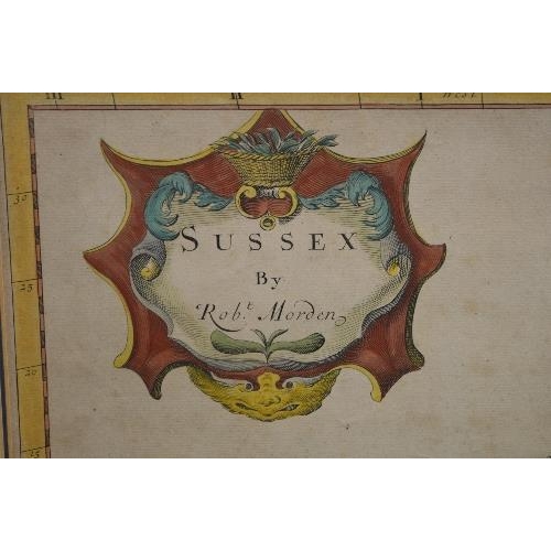 170 - Robert Morden, hand coloured map of Sussex to include Chichester, Arundel, Bramber, Lewes, Pevensey ... 