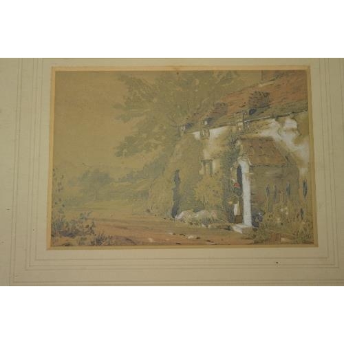 174 - Unsigned watercolour of a small cottage with figure in doorway, label on verso reading A Clever Litt... 