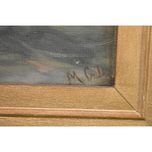 182 - Oil on canvas of a ship and lighthouse in rough sea, initialled bottom right MGD, in unglazed gilt f... 