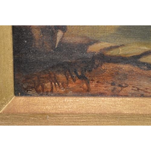 182 - Oil on canvas of a ship and lighthouse in rough sea, initialled bottom right MGD, in unglazed gilt f... 