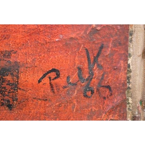 198 - Puk, oil on canvas of an abstract picture on a rust orange background, signed and dated '66 bottom r... 