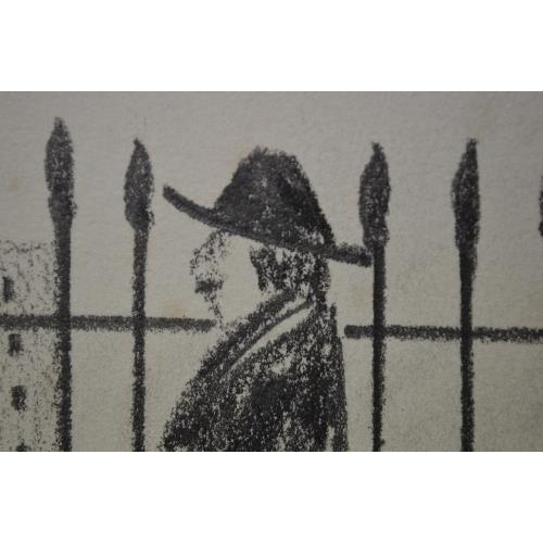 209 - LS Lowry (?), 1942, charcoal on paper drawing of a figure walking along a street in front of railing... 